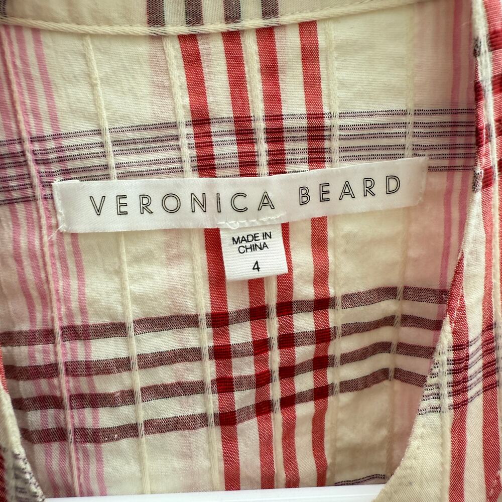 Veronica Beard Della Plaid Ruched Dress White Pink Tie Front Shirt Dress Size 4 - Picture 4 of 10